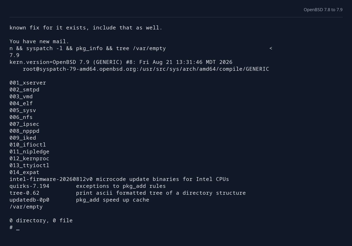 OpenBSD 7.9 kernel, installed binary patches, packages, and a successful tree command.