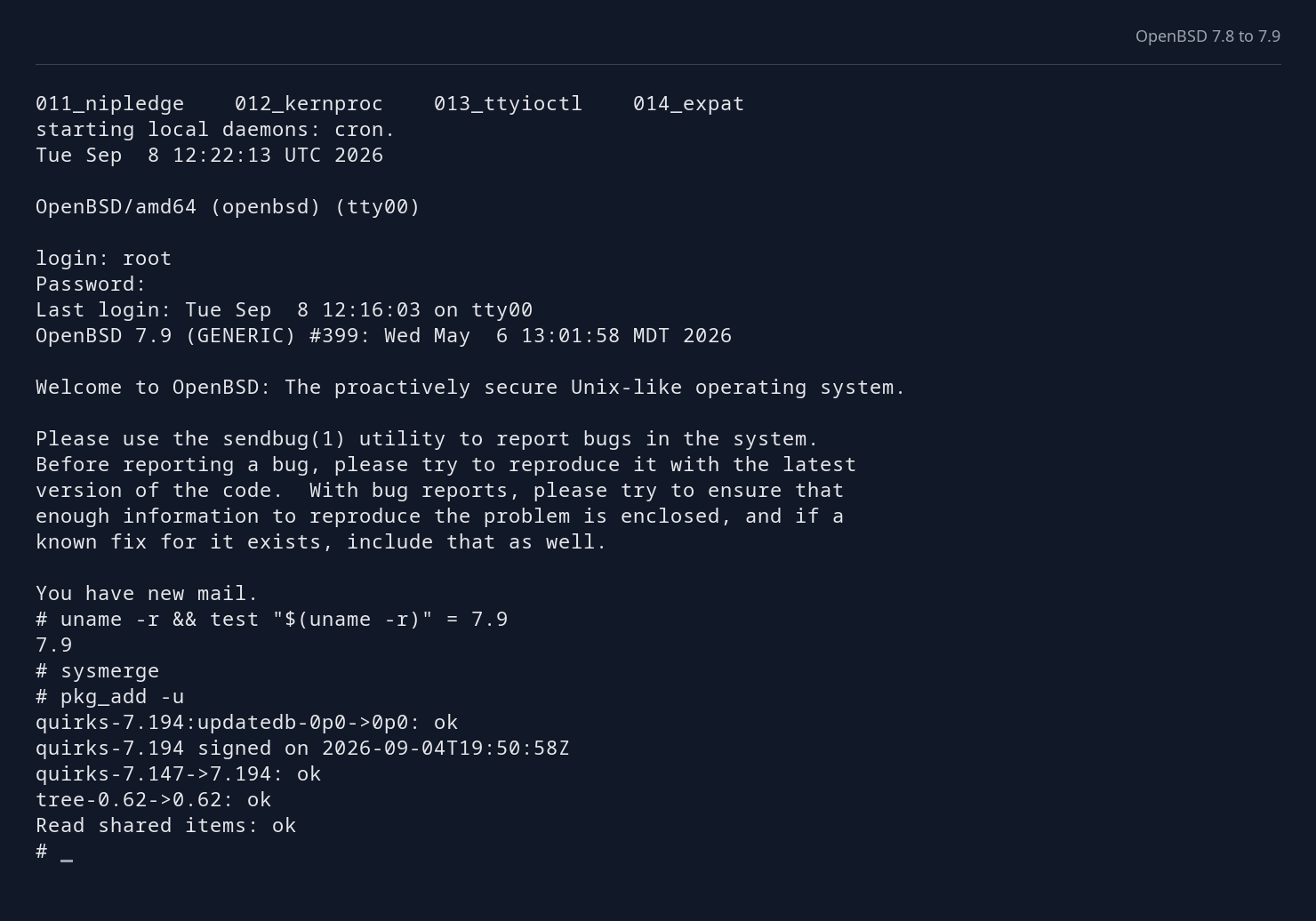 Package update results after upgrading to OpenBSD 7.9.