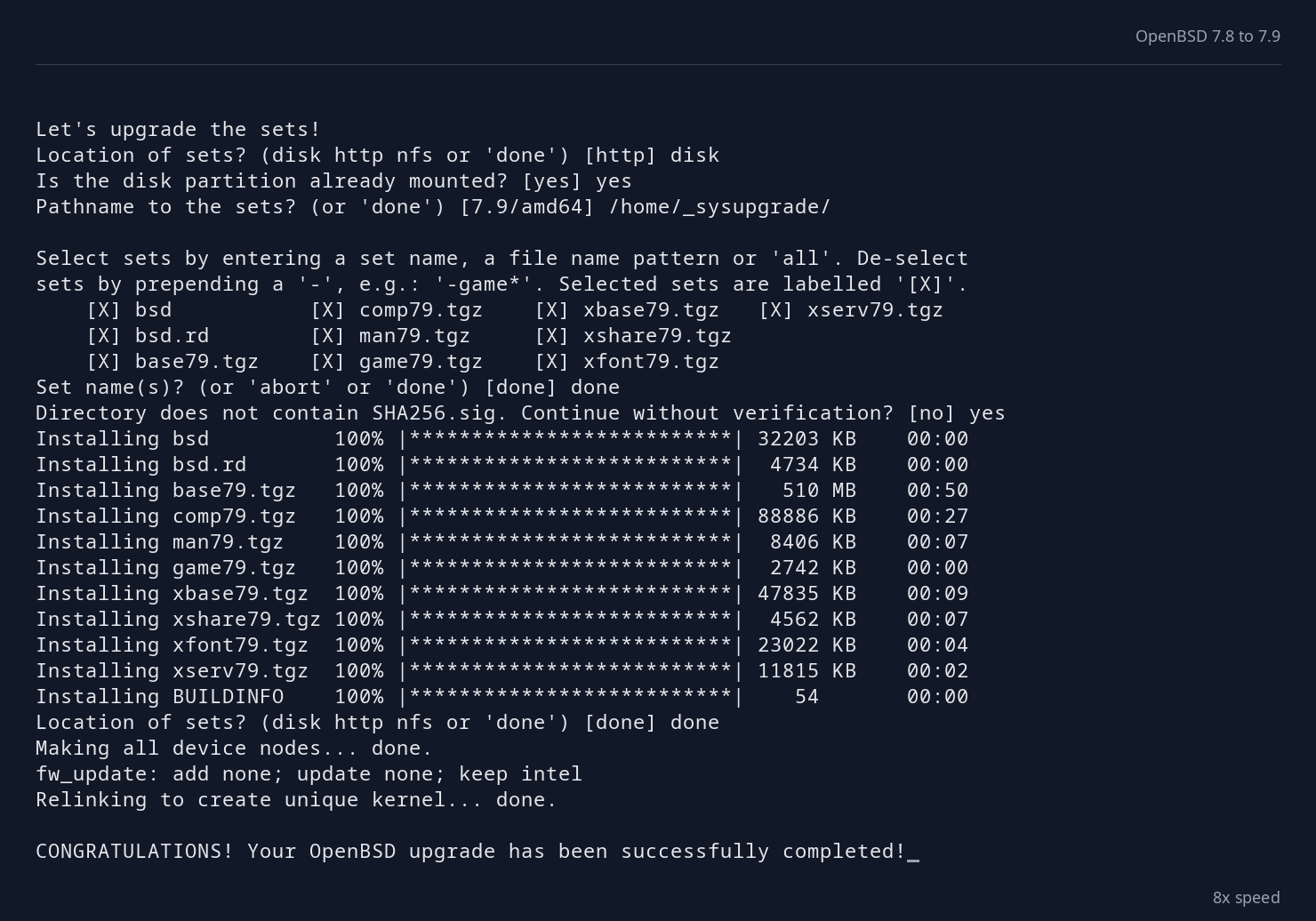 OpenBSD installer reporting successful installation of the release sets.