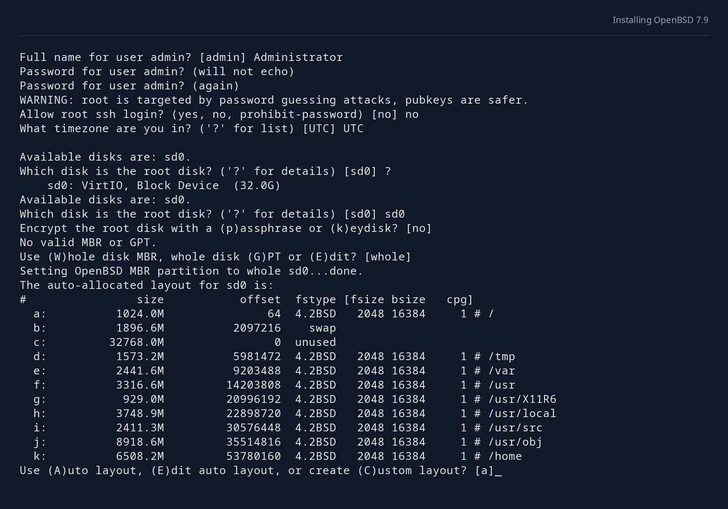 Automatic disk layout for a 32 GiB disk, including separate root, usr, var, and home filesystems.