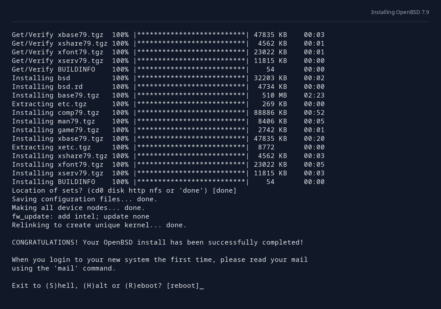 Installer reporting successful kernel preparation and installation, with the reboot prompt.