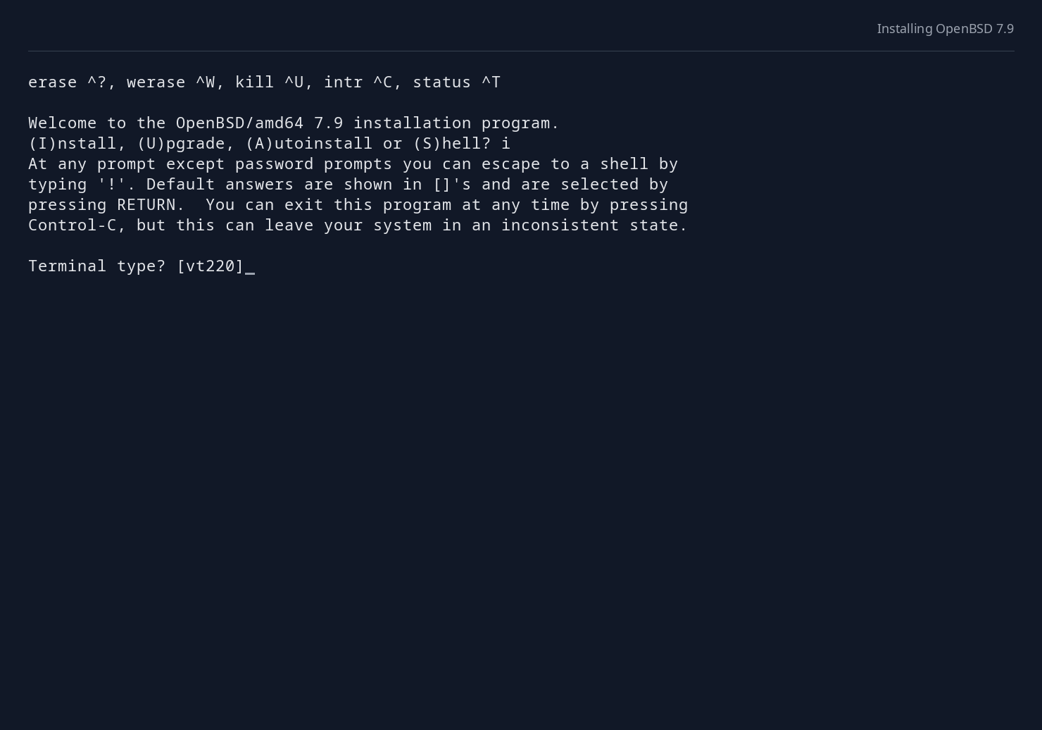 OpenBSD installer showing the installation menu and terminal type prompt.